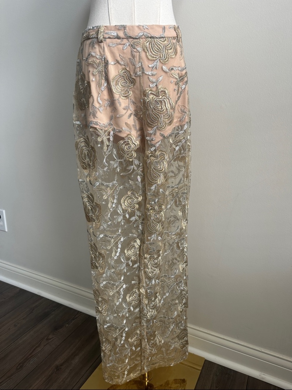 Metalic Floral Embroidery Semi Sheer Pants Womens L Whimsical Festival Fairy